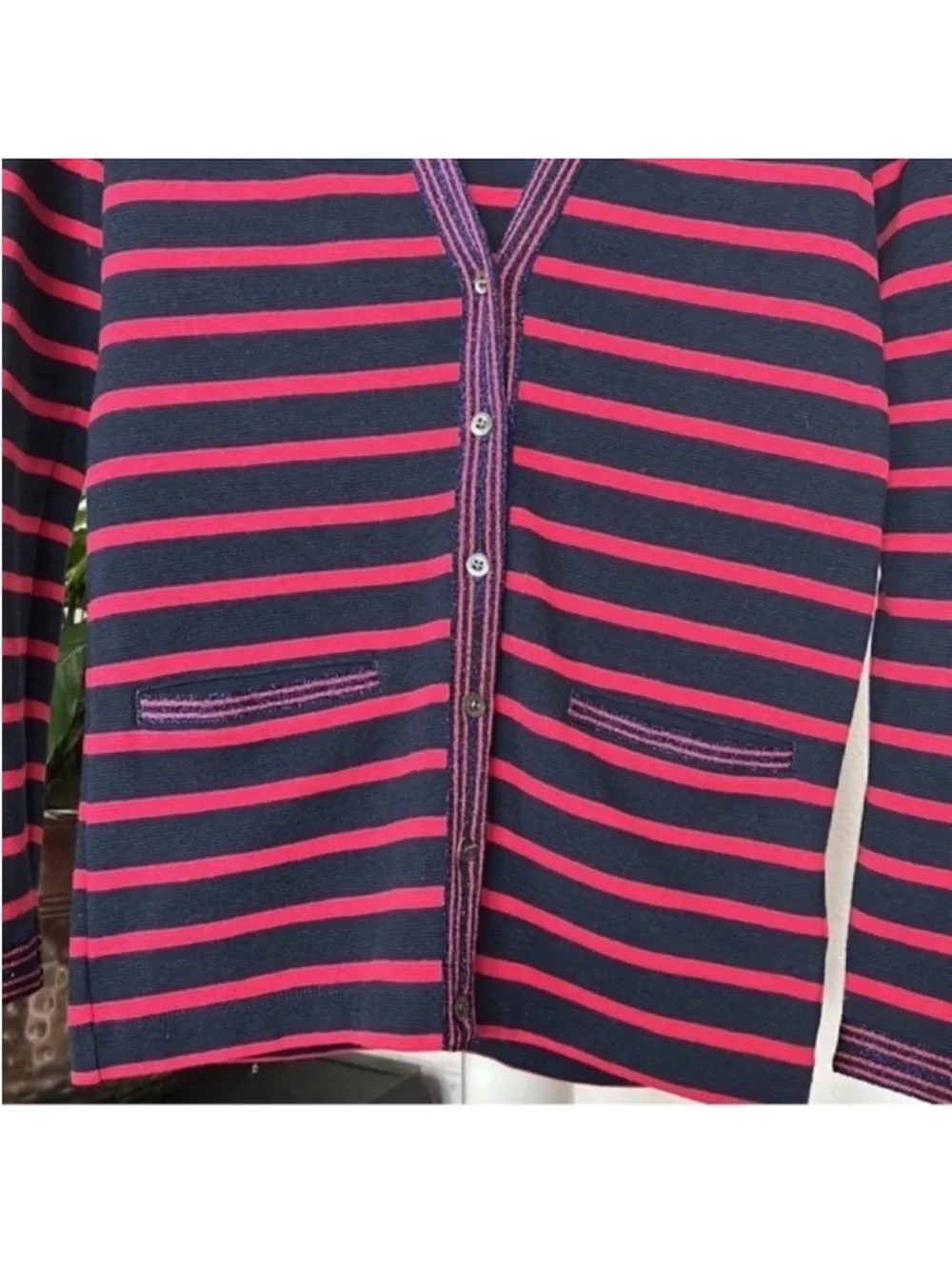 J. Crew Metallic-Trim Striped Cardigan Sweater Sz XS Navy Blue Red Buttoned